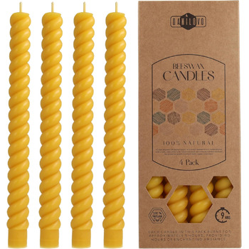 Набір з 4 конічних спіральних свічок 2 х 25 см з бджолиного воску, жовтий Danilovo