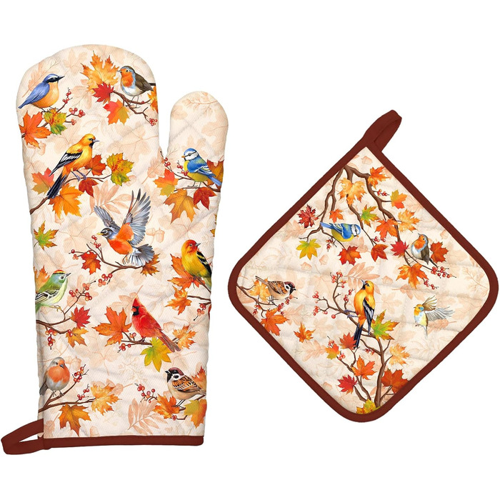 Набір з 2 різдвяних рукавиць для духовки та підставки для каструль Arquiel, 100 бавовняні кулінарні рукавички, термостійкі кухонні рукавички для приготування їжі, різдвяні подарунки для жінок (птахи, рукавиця для духовки підставка для каструль)