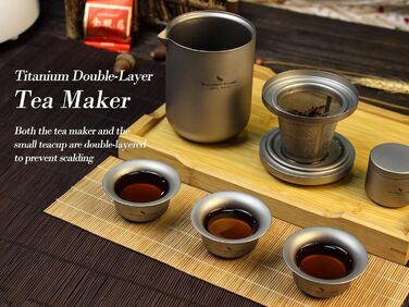 Титановий чайний набір, чайниця з ситечком для чаю та 3 міні-чашки 40 мл iBasingo