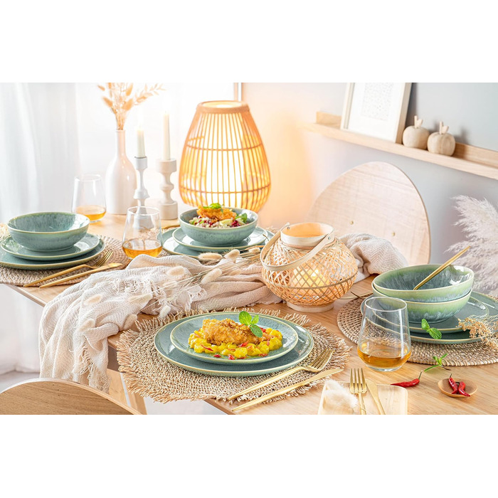 СПІВАЧКА Набір кавових чашок з блюдцем Maya 8 шт. , кавовий сервіз на 4 особи, набір фаянсових чашок м'ятно-зелений з синім градієнтом, кавовий посуд сучасний & можна мити в посудомийній машині Кава 230 мл, стаканчики 8 шт.