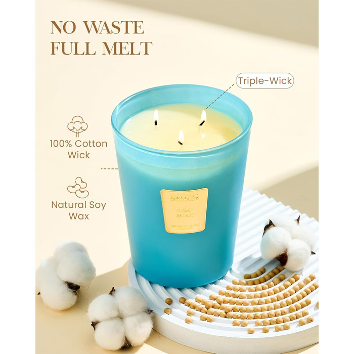 Ароматична свічка M&SENSE надзвичайно велика, час горіння 150 годин, натуральна ароматерапевтична свічка з 3 гнітами, сильний аромат, тривале горіння, подарункова свічка та прикраса для дому, подарунки для жінок (990 г, Ocean Escape)