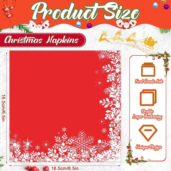 Різдвяні серветки Паперові серветки 13 x 13 дюймів Традиційні паперові серветки Різдвяні серветки Декоративна паперова прикраса для прикраси святкового столу (сніжинки), 32