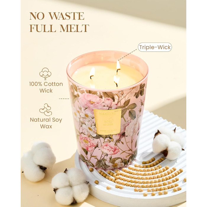 Ароматична свічка M&SENSE надзвичайно велика, час горіння 150 годин, натуральна ароматерапевтична свічка з 3 гнітами, сильний аромат, тривале горіння, подарункова свічка та прикраса для дому, подарунки для жінок (990 г, рожево-бурштиновий)