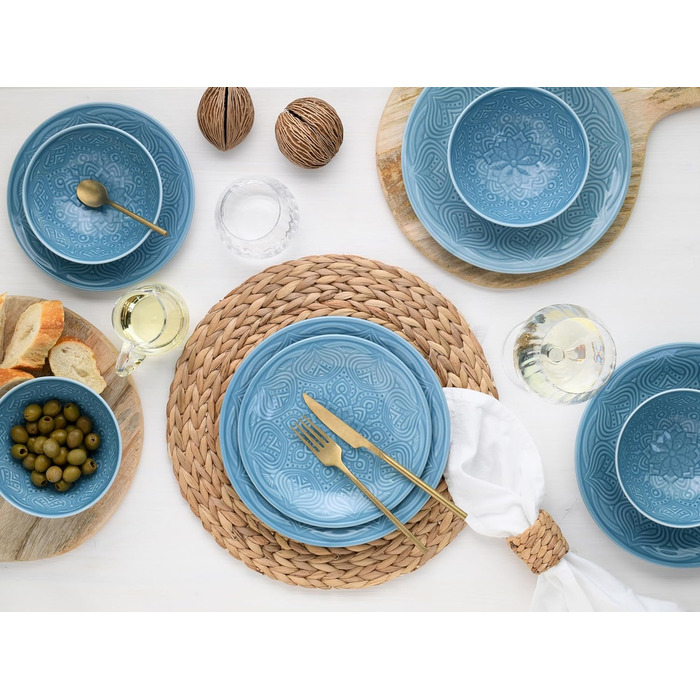 Серія Набір посуду Orient Mandala з 18 предметів, набір порцелянових тарілок (набір тарілок 12 предметів, аквамарин), 21627