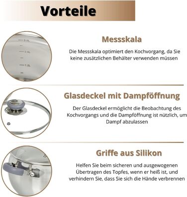 Набор из 3 кастрюль из нержавеющей стали со стеклянными крышками и силиконовыми ручками Modern Daniks