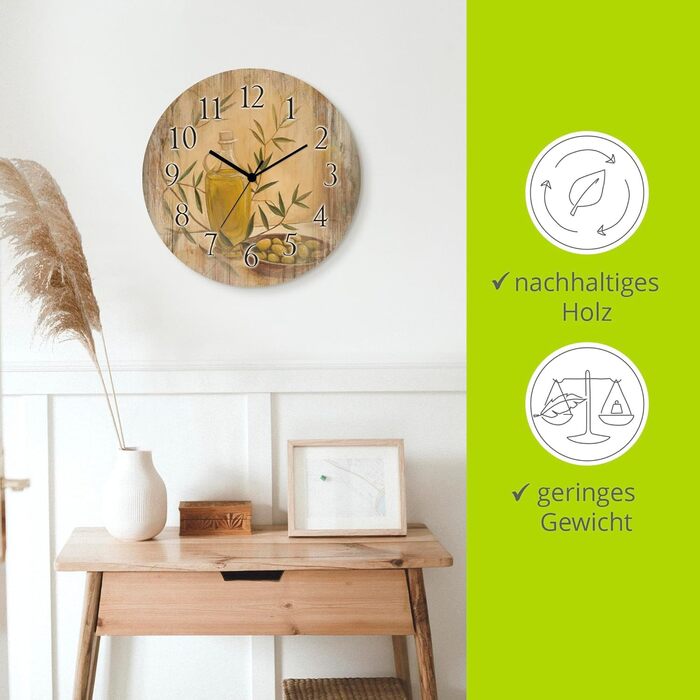 Настінний декор ARTLAND настінний годинник з дерева без цокання безшумний круглий Ø 30 см кухонний годинник кава капучино круасан T5XO Капучино та круасан (оливки та лимони, кварцовий годинник)