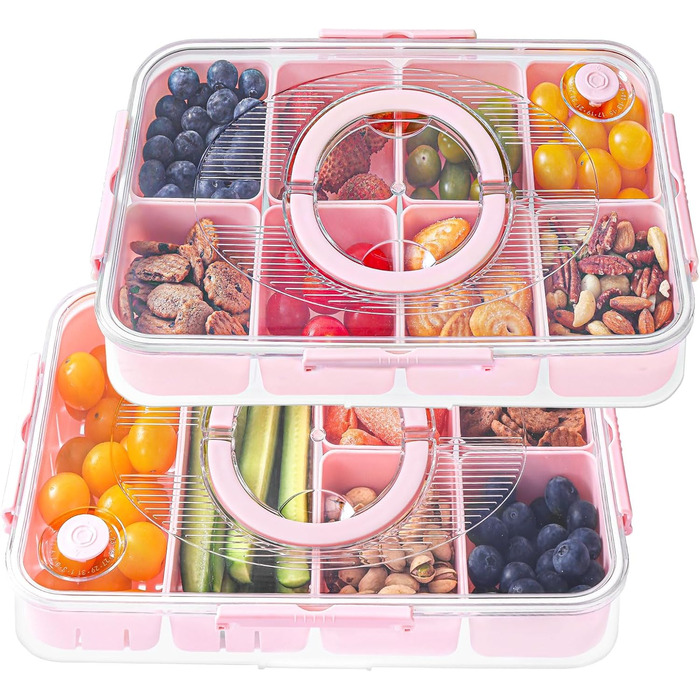 Коробка для снеків Luxear з 14 відділеннями, тарілка для снеків з кришкою та ручкою, багаторазова миска для снеків для дітей, органайзер для снеків, горіхів, фруктів, спецій, для вечірки-пікніка, можна мити в посудомийній машині, білий (рожевий, 2 комплек