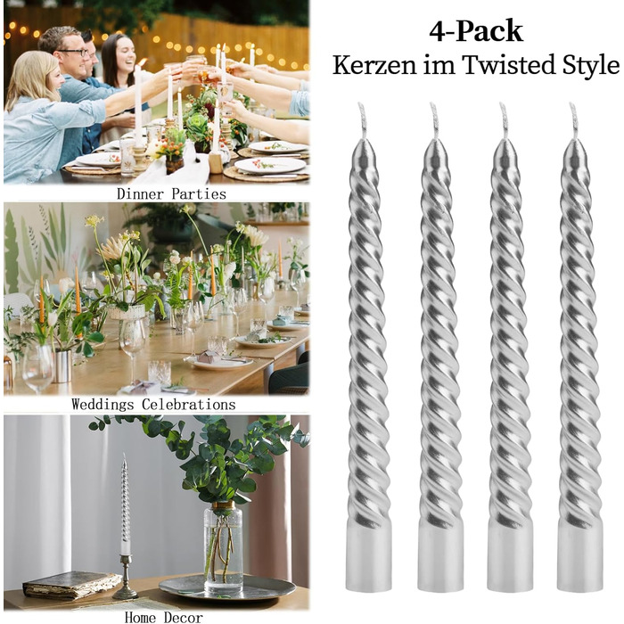 Набір з 4 конічних спіральних свічок 2 x 20 см, сріблястий Bolosa