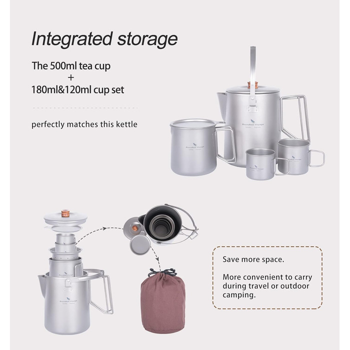 Мл Титановий чайник Кемпінг Кава Чайник Легкий чайник для баріста Кавоварка Подорожі на свіжому повітрі Пікнік Піші прогулянки Сад Багаття Піч Верхній чайник швидкого заварювання Ti3128D (Ti3128d 1,5 л чайник і 500 мл чайник і набір чашок 120 мл і 180 мл)