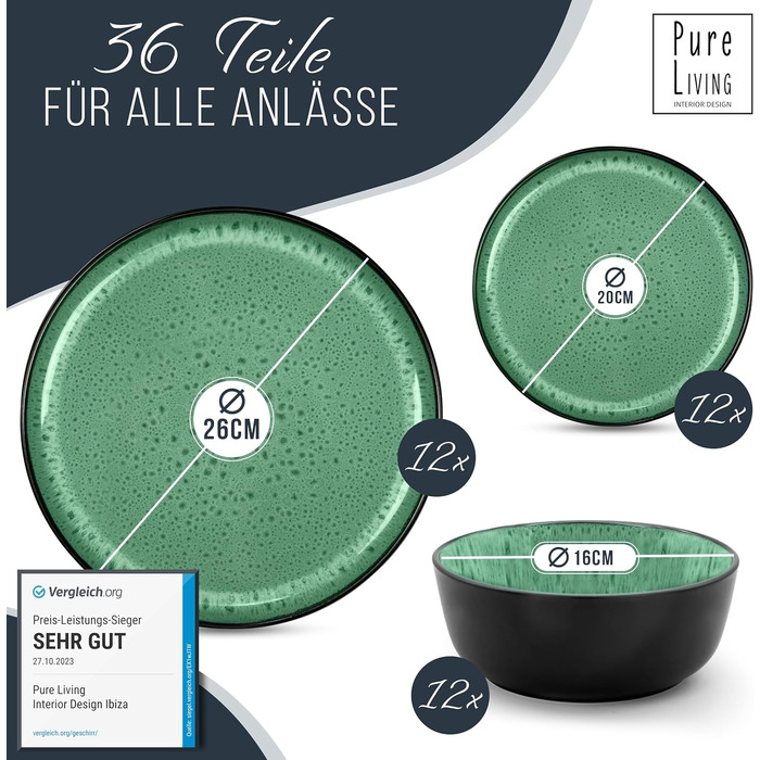 Керамогранит Глубокая Плита ТЕСТ ОЧЕНЬ ХОРОШО Серия Ibiza Благородные тарелки для пасты, Суповые тарелки Deep Стильные тарелки для пасты 6 персон - Набор посуды 6 персон, Обеденные тарелки, Набор посуды черный с (набор из 36 предметов, зеленый шалфей), 6 