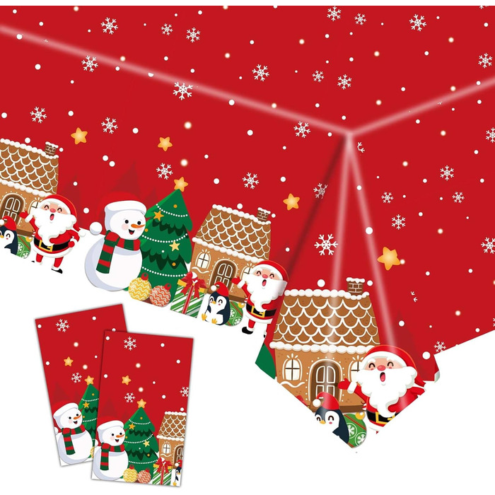 Різдвяні скатертини, одноразові різдвяні скатертини, великі прямокутні скатертини у формі Санта-Клауса, сніговика, обідні скатертини для різдвяної вечірки (137 x 274 см) (червоний фон сніговик), 2