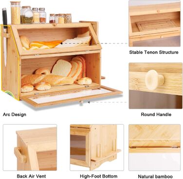 Хлібниця Leader Accessories з бамбука, 2-ярусна, для безпечного зберігання хліба, легкий догляд, 39x25x32 см, чорна (39x25x32 см/15,3&39x9,8&39x12,6&39) (бамбук (50x25x37 см/19,7&39x9,8&39x14,5&39))