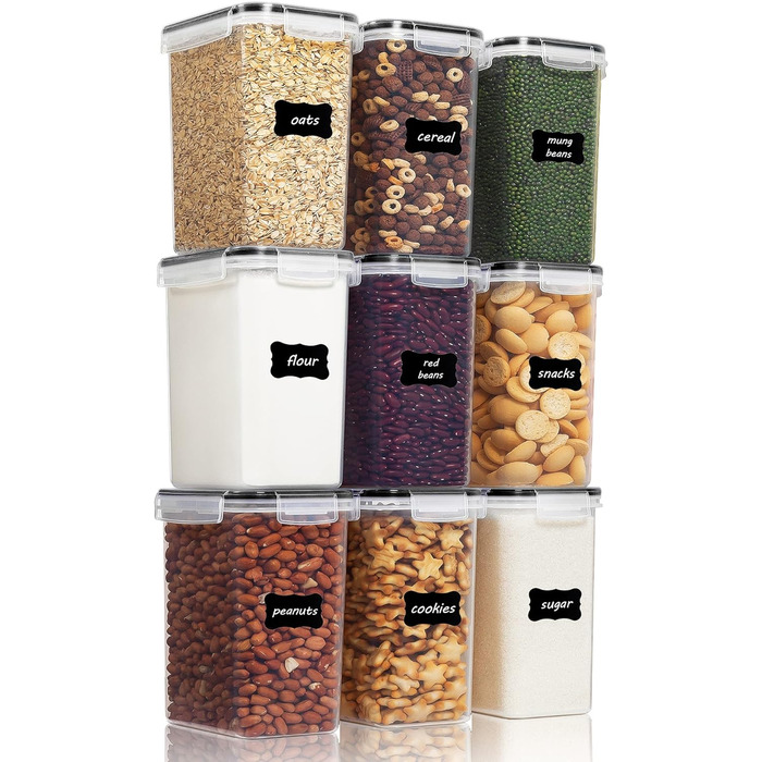 Набір банок для зберігання Vtopmart 0.8 л, банки для мюслі та банки для зберігання харчових продуктів, пластик без бісфенолу А, герметичний, контейнер для сухого корму, набір із 12, 24 етикетки для зерна, борошна, цукру (чорний) (2 л*9)