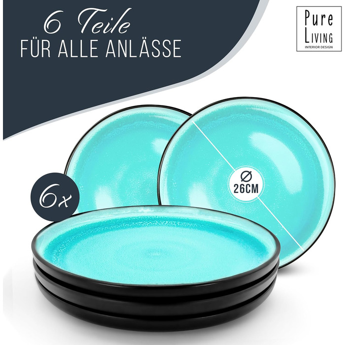 Набір кавових чашок з 6 шт. Ibiza - Чашки з кераміки преміум-класу, можна мити в посудомийній машині та мікрохвильовій печі, стійкий до подряпин - Стильний набір чашок для чаю та кави - чистий живий посуд, набір посуду в аквамарині (великі тарілки (6x))