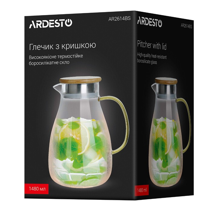 Кувшин ARDESTO с крышкой, 1480мл, боросиликатное стекло, нержавеющая сталь, бамбук, прозрачный