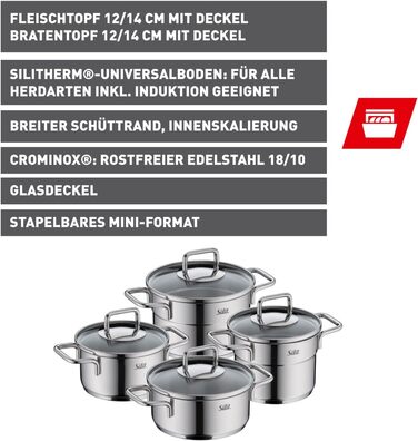 Набір посуду Silit Extra Cook 4 предмети каструлі 12/14 см зі скляною кришкою, внутрішня шкала, широкий обід для зручного зливання, нержавіюча сталь Crominox, для невеликих порцій, компактне зберігання, посуд не проливається. Набір посуду 4 предмети.