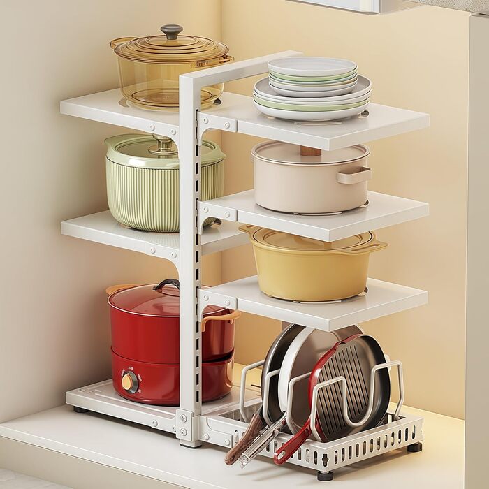 Органайзер для каструль HIMKI для шафи з регульованими відділеннями, тримач для каструль 4/5/7 рівнів, підставка для каструль з тримачем для кришки для кухонної шафи (7 рівнів, білий)