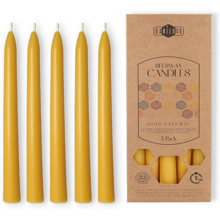 Набір з 5 конічних свічок 2 х 25 см з бджолиного воску, жовтий Danilovo