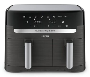 Tefal Мультипечь Dual EasyFry&Grill AirFryer, 2700Вт, чаша-5.2+3.1л, сенсорное управл., 2 чаши, гриль, пластик, черный