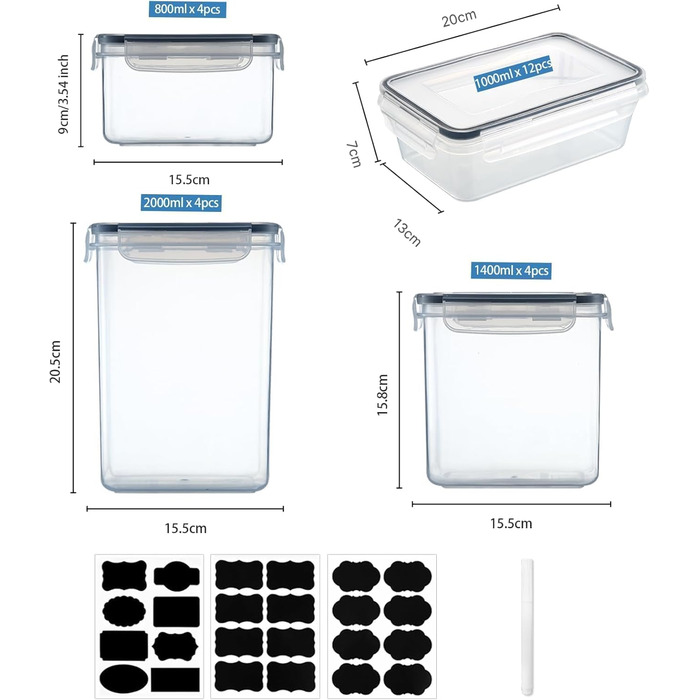 Контейнери для зберігання продуктів Hibisaws, 12 предметів, з кришками, контейнери для заморожування, харчові коробки, без BPA та 100 герметичні, прозорі, 6 x 1 л та 6 x 0,5 л, коробки для приготування їжі, набір Tupperware (1212)
