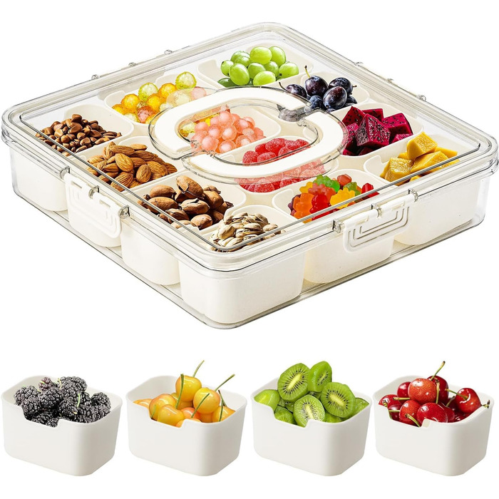 Сервірувальна тарілка у формі миски для закусок, контейнер для подачі солодощів та горіхів із пластику з кришкою з 8 відділеннями, тарілка для закусок, фруктова тарілка, ящик для зберігання десертів, спецій (12 відділень)
