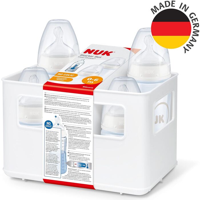 Набір дитячих пляшечок NUK Perfect Match Perfect Start Від 0 місяців Адаптується до дитини 4 дитячі пляшечки проти коліків, пустушка, щітка для пляшечок тощо Без BPA 9 шт. (нейтральні, 5 шт. (1 пачка))