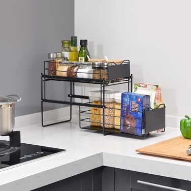 Рівневий органайзер для кухонних шаф, нижня полиця шафи, органайзер для зберігання ящиків, полиця для шухляд, полиця під раковиною для кухні, ванної кімнати, офісу, шафи чорна, 2-