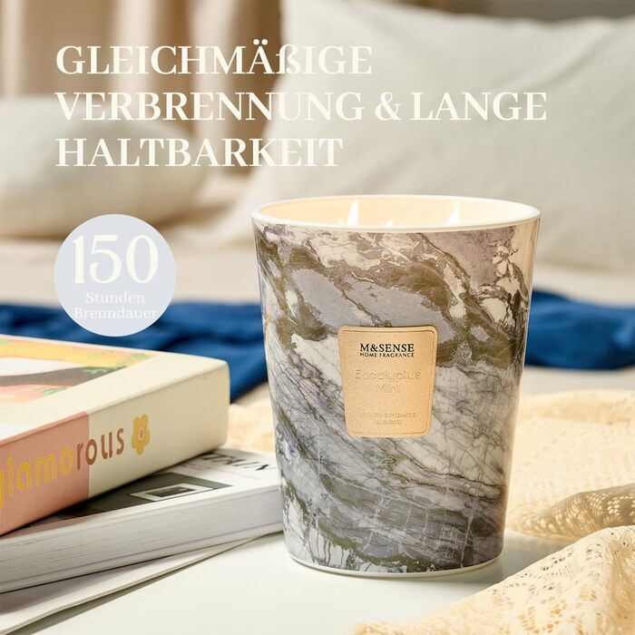 Ароматизована свічка M&SENSE велика Чорні ароматизовані свічки у склянці Ароматизована свічка з натурального соєвого воску Розслаблююча ароматерапія Подарунок для жінок та чоловіків, Різдво Час горіння 75 годин та 2 ґноти (евкаліпт-м&39ята, 990 г)