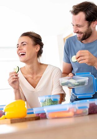 Набір контейнерів для зберігання харчових продуктів EMSA Clip & Close, прямокутні, 5 x 0,8 л, коробки для зберігання, 100 герметичні, придатні для миття в посудомийній машині, морозильної камери та мікрохвильової печі, прозорі, сині, зроблені в Німеччині,