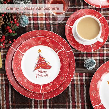 Серія 30-предметний порцеляновий різдвяний набір посуду на 6 осіб, різдвяний кавовий сервіз на 6 обідніх тарілок, 6 десертних тарілок, 6 супових тарілок, 6 кавових чашок та 6 блюдець (Christmastree-1, обідній сервіз на 30 предметів)