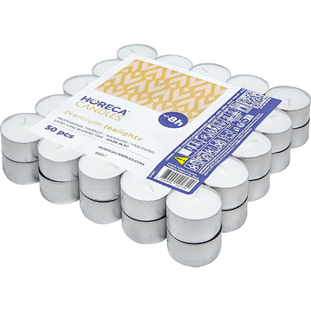 Свічки Horeca - Чайні свічки, час горіння 8 годин - Білі - Штука - Алюмінієва кришка - Свічки для святкувань, декору, весіль, гастрономії, вечірок - Без аромату - Преміум якість (50)