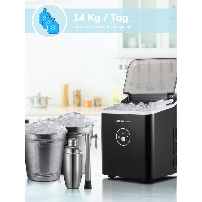 Переможець тесту льодогенератора 2024 року, 14 кг за 24 години, 9 кубиків льоду за 6-8 хвилин, тиха робота, льодогенератор потужністю 120 Вт з ложкою та кошиком, маленький льодогенератор для дому та офісу (чорний)