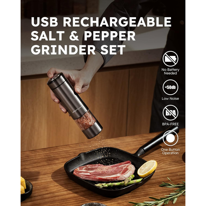 Млин для солі та перцю електричний з підзарядкою від USB, набір 2 предмети, металік FORLIM