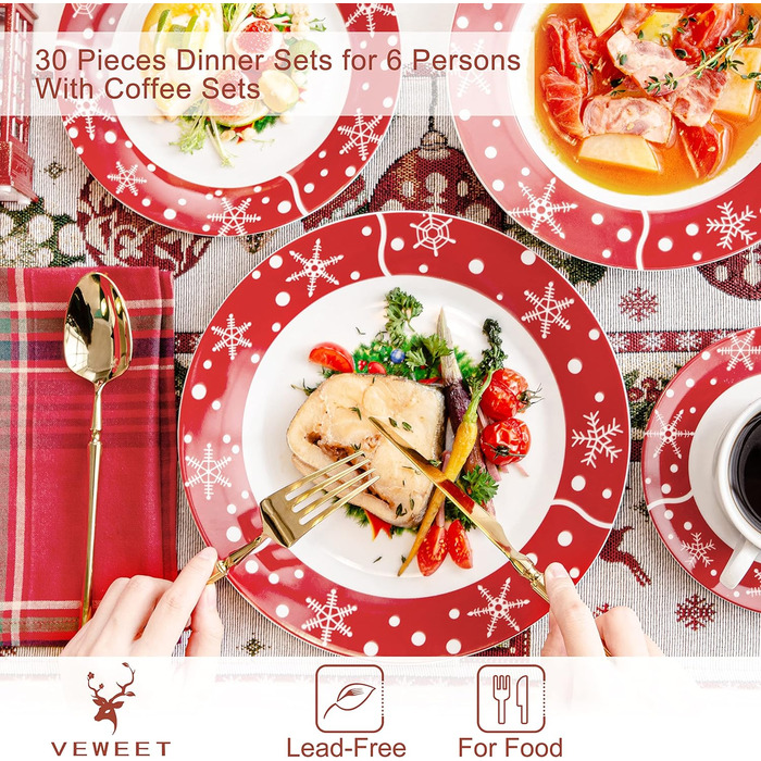 Серія 30-предметний порцеляновий різдвяний набір посуду на 6 осіб, різдвяний кавовий сервіз на 6 обідніх тарілок, 6 десертних тарілок, 6 супових тарілок, 6 кавових чашок та 6 блюдець (Санта Клаус-1, обідній сервіз на 30 предметів)