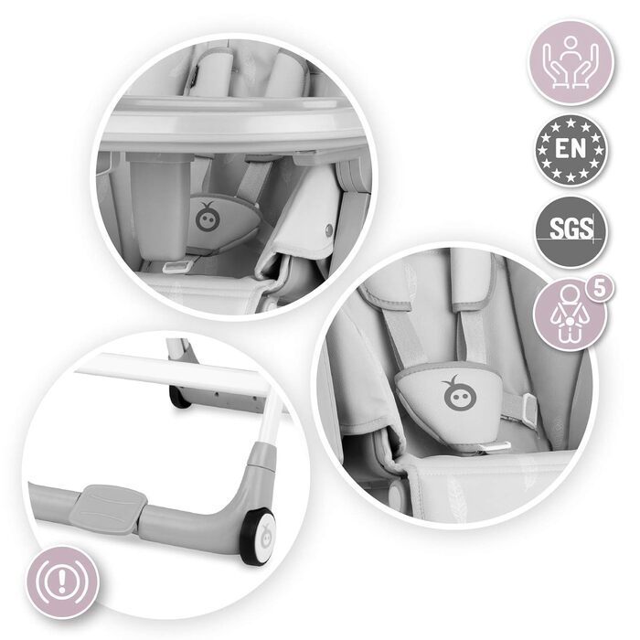 Детский стульчик для кормления с 4 колесами и функцией тормоза от 6 месяцев светло-серый Momi