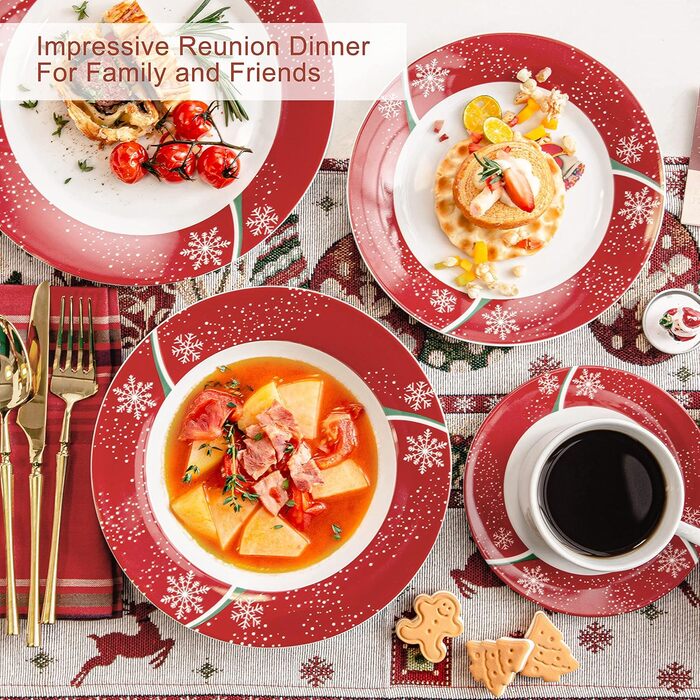 Серія 30-предметний порцеляновий різдвяний набір посуду на 6 осіб, різдвяний кавовий сервіз на 6 обідніх тарілок, 6 десертних тарілок, 6 супових тарілок, 6 кавових чашок та 6 блюдець (різдвяний олень, обідній сервіз на 30 предметів)