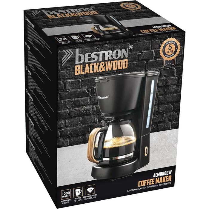 Кавомашина з фільтром Bestron на 8 чашок кави, кавомашина з термоглечиком об'ємом 1 літр, з постійним фільтром і автоматичним вимкненням, 900 Вт, колір (чорний / дерево)