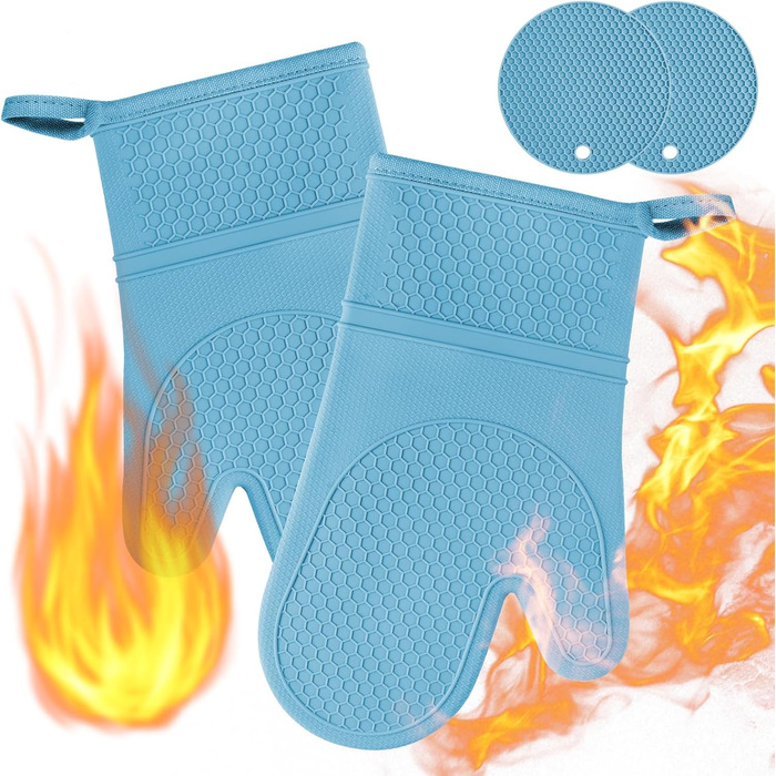 Набір рукавичок для духовки AUAUY, 1 пара силіконових рукавичок для духовки з 2 тримачами для каструль, нековзні кулінарні рукавички, термостійкі рукавички для духовки, рукавички для кухні, приготування їжі, випічки, гриля, барбекю (сині)