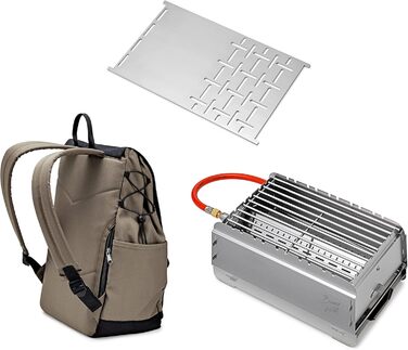 Мобільний газовий гриль Bruzz Willi BW1.1 50 мбар, велосипедний рюкзак з відділенням для охолодження, легке складання та розбирання, пальник 3,5 кВт, знімний піддон для жиру, в комплекті мультиінструмент (BW1.1 Plancha Bundle)