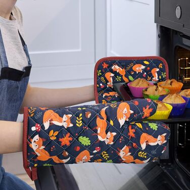 Набір з 2 кухонних рукавиць Arquiel з тримачем для каструлі Gnome Autumn Orange Checked, 100 бавовняні кулінарні рукавички, термостійкі кухонні рукавички для приготування їжі, осінній декор, подарунки для жінок (осіння лисиця, духовка тримач для каструлі)