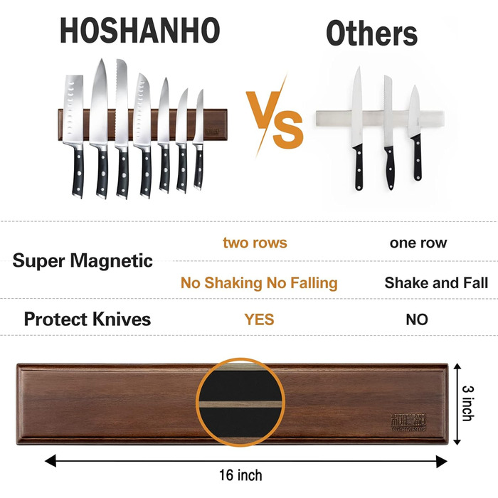 Магнітний тримач для ножів для стіни, магнітний тримач для ножів, деревяний тримач для ножів для посуду та магнітних інструментів для зберігання, 40 см/16 дюймів