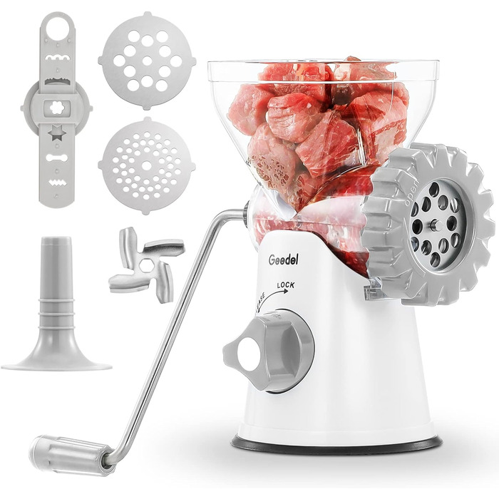 Мясорубка Geedel ручная, мясорубка нержавеющая сталь для фарша, кондитерский пресс для выпечки, чуррос-мейкер, мясорубка, ручная колбасонаполнительная машина для фарша, колбасы, печенья (белая)