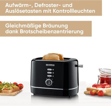 Автоматичний тостер SEVERIN, маленький тостер на 2 скибочки, якісний чорний тостер для підсмажування, розморожування та розігріву, 850 Вт, чорний, AT 4321 чорний / сріблястий