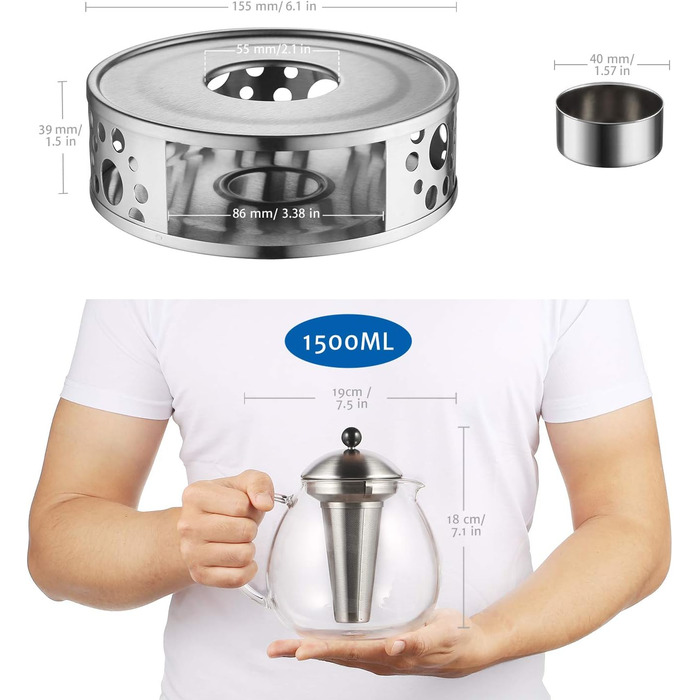 Скляний чайник 1500 мл із ситечком для чаю з нержавіючої сталі, велике боросилікатне скло Glastal