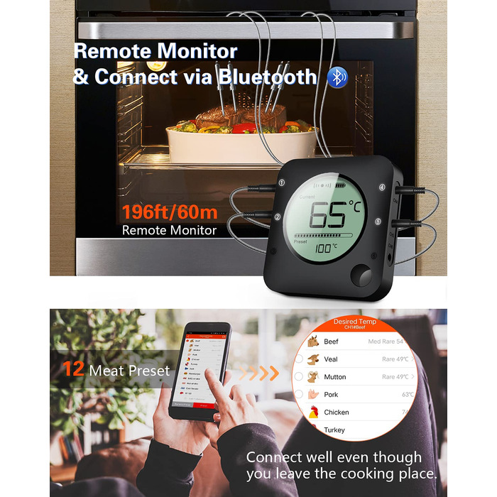 Термометр для м'яса з 4 зондами з нержавіючої сталі BFOUR