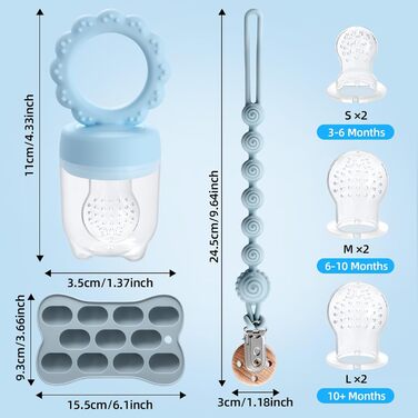 Фруктова пустушка для малюків від 3, 4, 5, 6 місяців, 2 годівниці для дитячого харчування з фруктами та контейнер для зберігання дитячого харчування, ланцюжок для пустушки та 6 силіконових сосків 3 розмірів, фруктова пустушка для малюків (рожево-фіолетова