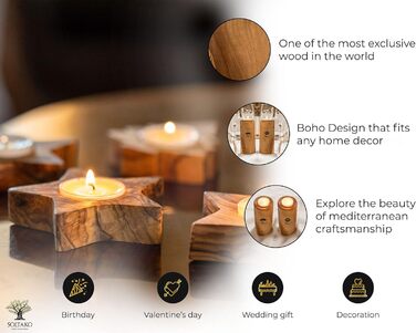 Высококачественные деревенские подсвечники из эксклюзивного оливкового дерева Набор из 3 шт. - Ручная работа - Подсвечник на День святого Валентина из дерева - Держатель для чайной свечи - Украшение стола - Набор украшений для дома 3 звезды