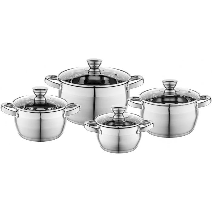 Набір посуду FLORINA OLIVER 4 предмети Нержавіюча сталь 18/0 Кришка із загартованого скла Для індукційних, газових, електричних та керамічних варильних поверхонь Можна мити в посудомийній машині Високоякісний набір посуду для кожної кухні, 8 предметів Oli