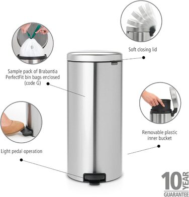 Мусорный бак с педалью 30 л бесшумный матовая сталь с защитой от отпечатков пальцев NewIcon Brabantia