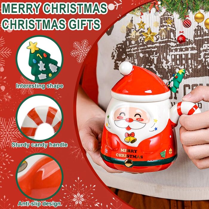 Милі кухлі Санта-Клауса ZONSUSE, кухоль з Різдвом Христовим, 3D різдвяна кружка, з ручками у формі цукерок та ложкою у формі ялинки, ідеї різдвяних подарунків для жінок та чоловіків 400 мл (A-зелений) (A-червоний)